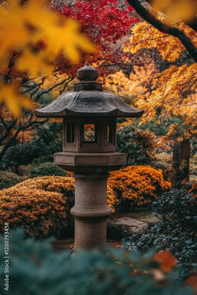 A stone lantern in a Japanese garden, surrounded by vibrant greenery A stone lantern in a Japanese garden, surrounded by vibrant greenery