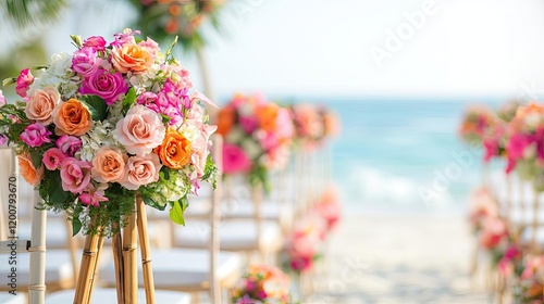 Wedding reception idea. Vibrant flower arrangements set for a beautiful beach wedding ceremony. photo