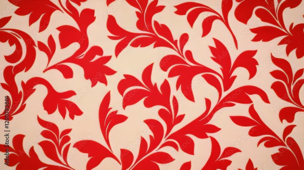 Elegant Red Floral Pattern on Cream Background Fabric Elegant Red Floral Pattern on Cream Background Fabric