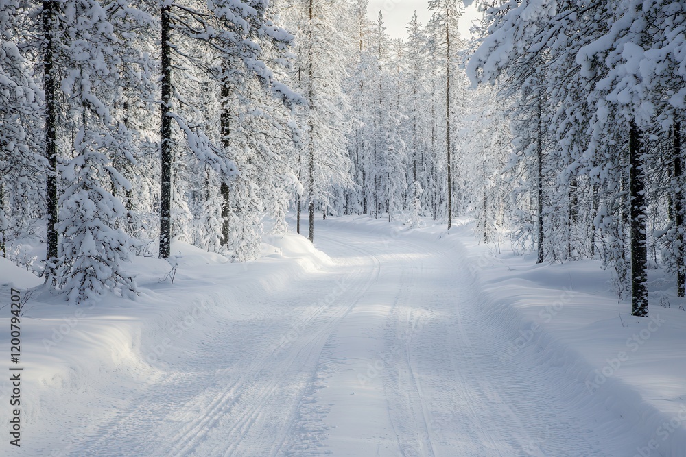 Snowy forest trail, winter sun, cross-country skiing, Finland, travel Snowy forest trail, winter sun, cross-country skiing, Finland, travel
