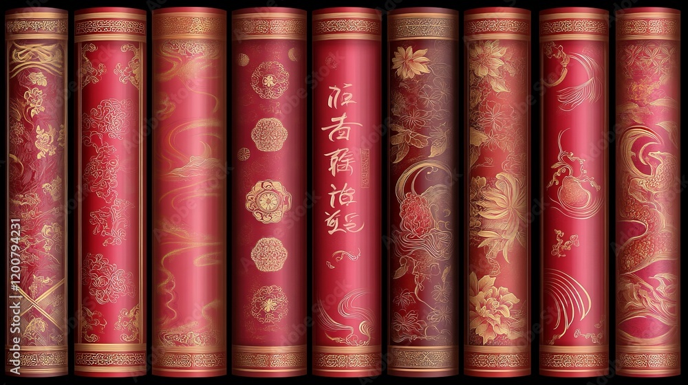 Elegant Red Scrolls with Gold Chinese Designs and Calligraphy Elegant Red Scrolls with Gold Chinese Designs and Calligraphy