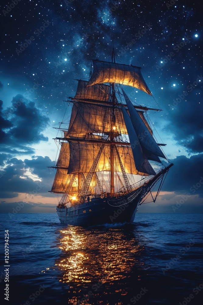 Fototapeta premium Sailing ship at night, starry sky, ocean reflection.