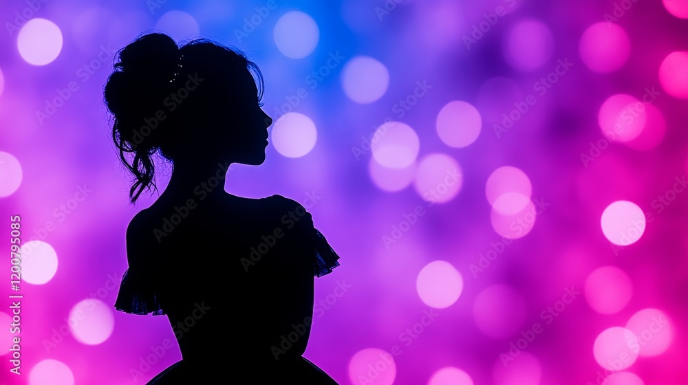 Elegant Silhouette Woman Bokeh Lights Purple Pink Background Elegant Silhouette Woman Bokeh Lights Purple Pink Background
