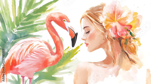 Elegant background of young beautiful girl and tropical pink flamingo. Generative ai photo