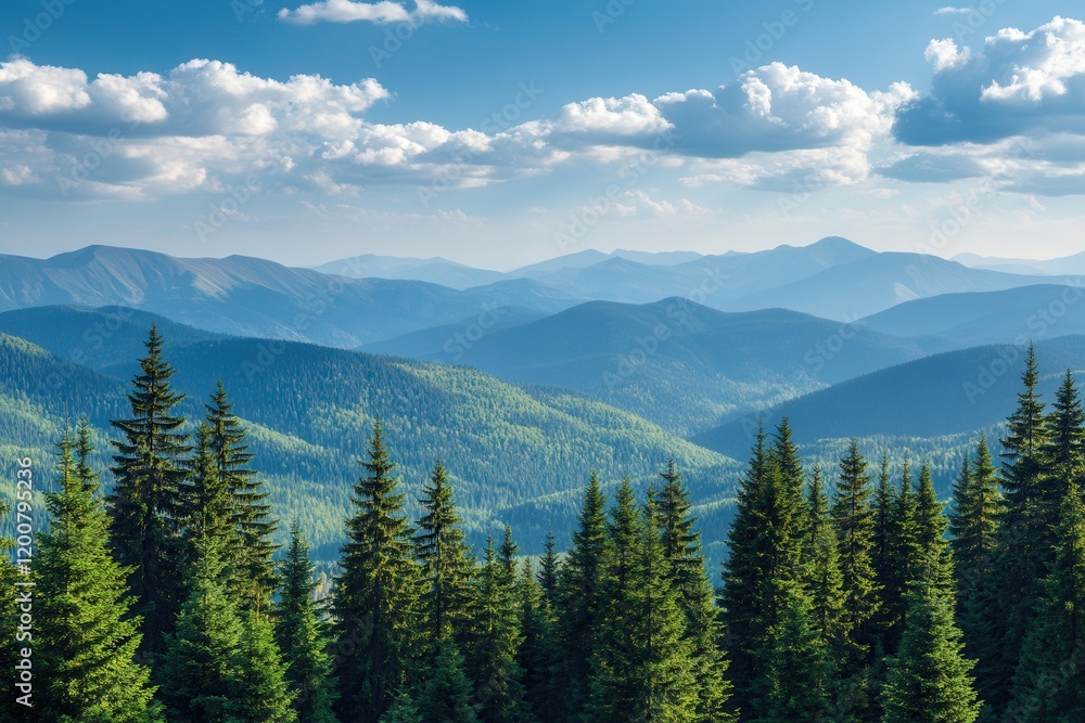 Mountain range vista, pine forest foreground, sunny sky, travel poster Mountain range vista, pine forest foreground, sunny sky, travel poster