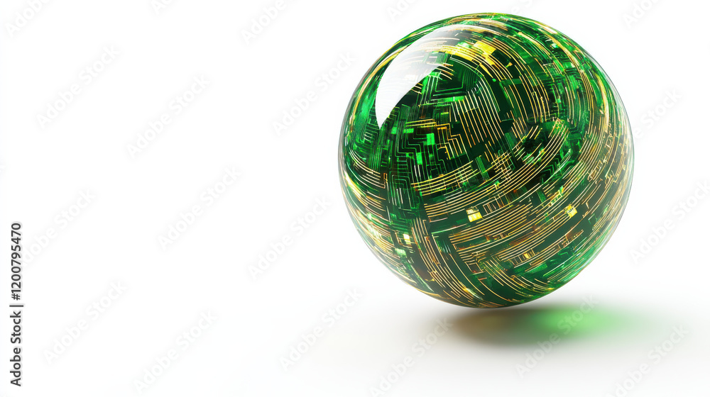 A floating, glowing sphere with swirling digital matrix designs, dynamic yet sharp neon colors (green and gold) A floating, glowing sphere with swirling digital matrix designs, dynamic yet sharp neon colors (green and gold)