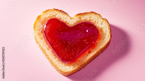 Heart shaped toast with jam on soft pink background for creative valentines day design
 photo