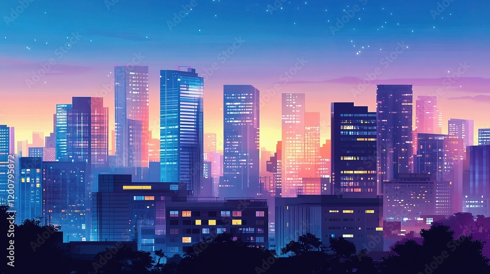 Fototapeta premium Cityscape at Dusk: A captivating illustration of a futuristic city skyline at dusk, with vibrant hues painting the sky and buildings glowing with warm and cool lights. 