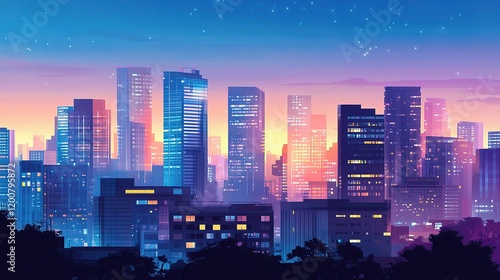 Cityscape at Dusk: A captivating illustration of a futuristic city skyline at dusk, with vibrant hues painting the sky and buildings glowing with warm and cool lights.  