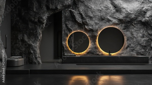 Cave bathroom interior design, dark stone, luxury photo