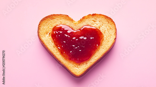 Heart shaped toast with jam on soft pink background for creative valentines day design
 photo