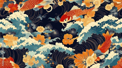 Seamless pattern with koi fish, waves, and flowers in Japanese style.