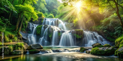 A breathtaking waterfall cascades into a serene river, a majestic nature scene.