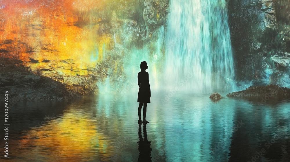 Silhouette of a person standing before a beautiful waterfall in a dreamlike, colorful landscape Silhouette of a person standing before a beautiful waterfall in a dreamlike, colorful landscape