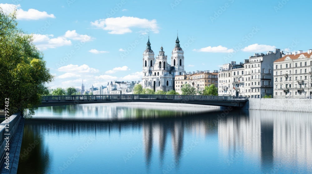 Naklejka premium Tranquil River Cityscape