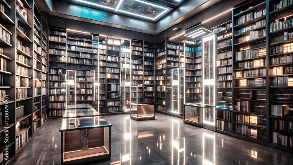 Cyberpunk Library with Holographic Books and Neon Frames. Perfect for: Cyberpunk theme, Library Cyberpunk Library with Holographic Books and Neon Frames. Perfect for: Cyberpunk theme, Library