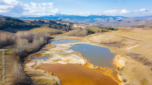 Aerial drone view of water pollution of a copper mine exploitation. Chemical residuals flooded natural environment, ecological bomb. Geamana, Rosia Montana, Romania photo