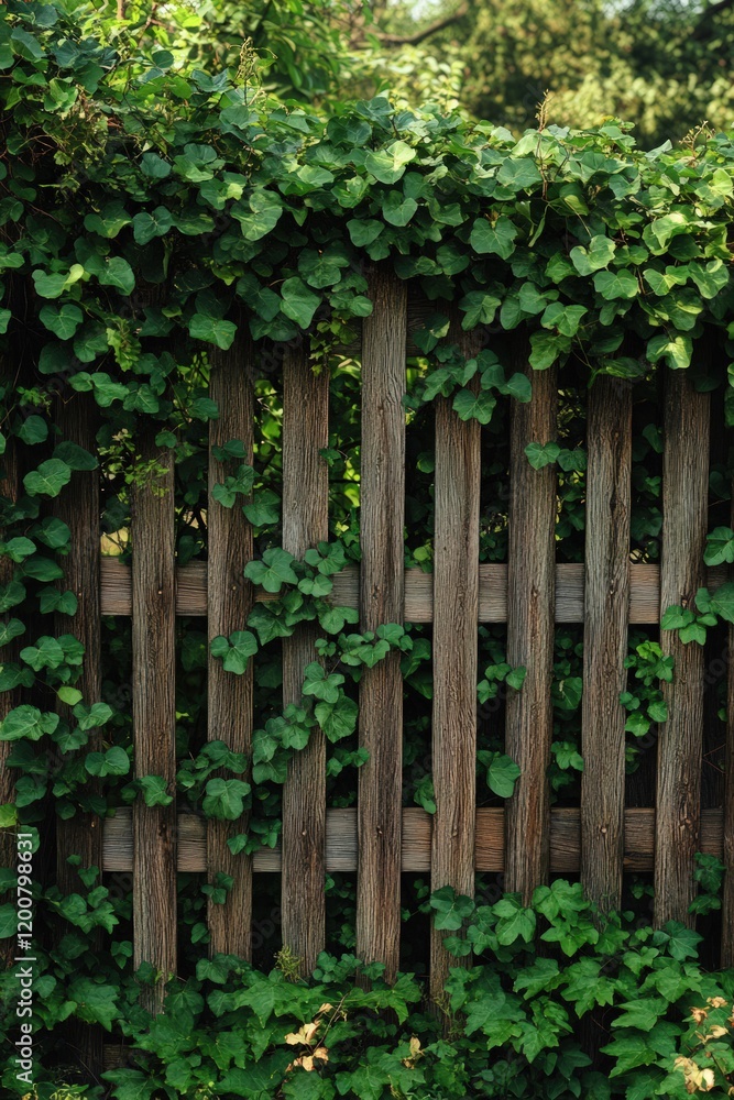 Wooden fence overgrown with lush green ivy. Wooden fence overgrown with lush green ivy.