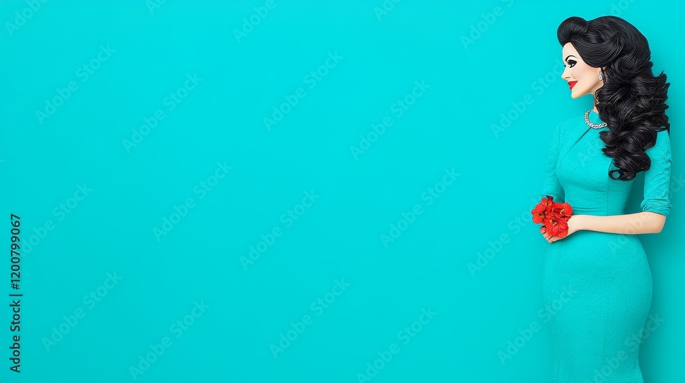 Elegant Woman in Teal Dress Holding Red Flowers Elegant Woman in Teal Dress Holding Red Flowers