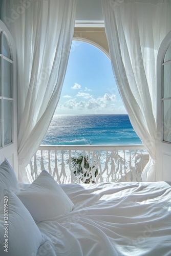 A view of the ocean from inside an elegant hotel room with white sheets and curtains, relaxing and tranquil.