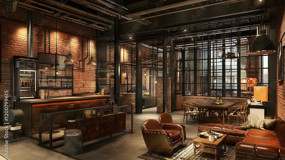 Industrial Chic Loft Apartment: A spacious and stylish loft apartment interior design showcasing exposed brick walls, metal pipes, large windows, and vintage-style furniture. Industrial Chic Loft Apartment: A spacious and stylish loft apartment interior design showcasing exposed brick walls, metal pipes, large windows, and vintage-style furniture.