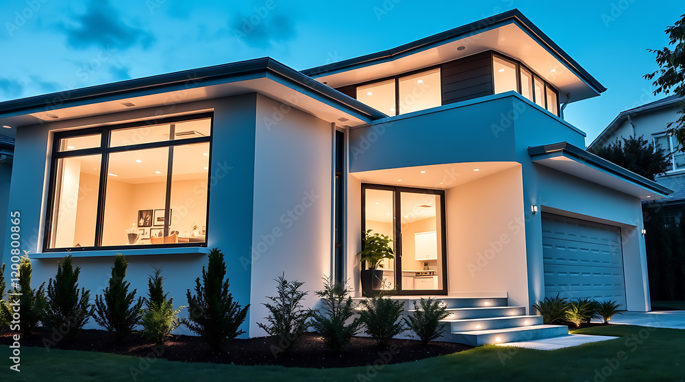 Stunning Modern Home Exterior at Night: Architectural Design and Luxury Real Estate Stunning Modern Home Exterior at Night: Architectural Design and Luxury Real Estate