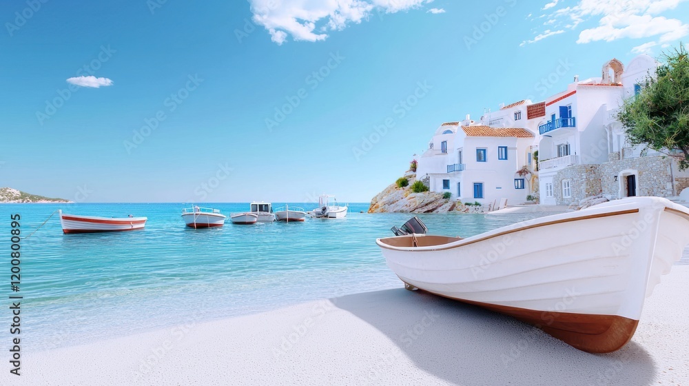 Obraz premium Sunny Mediterranean Coastline with Boats
