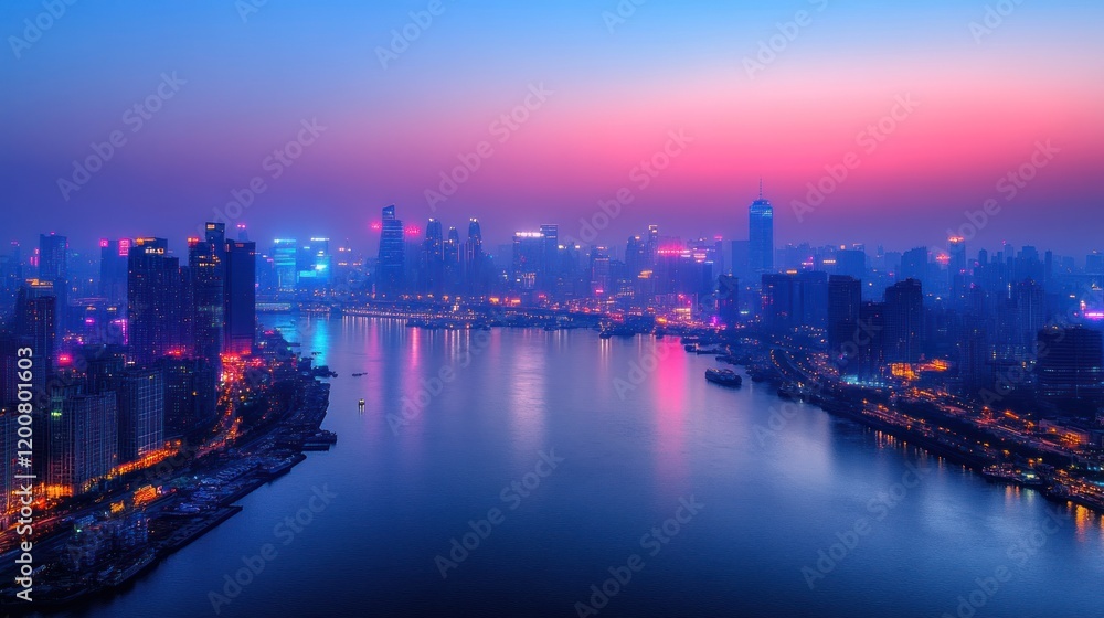 Fototapeta premium Cityscape at Dusk Vibrant Skyline Reflections Over a River