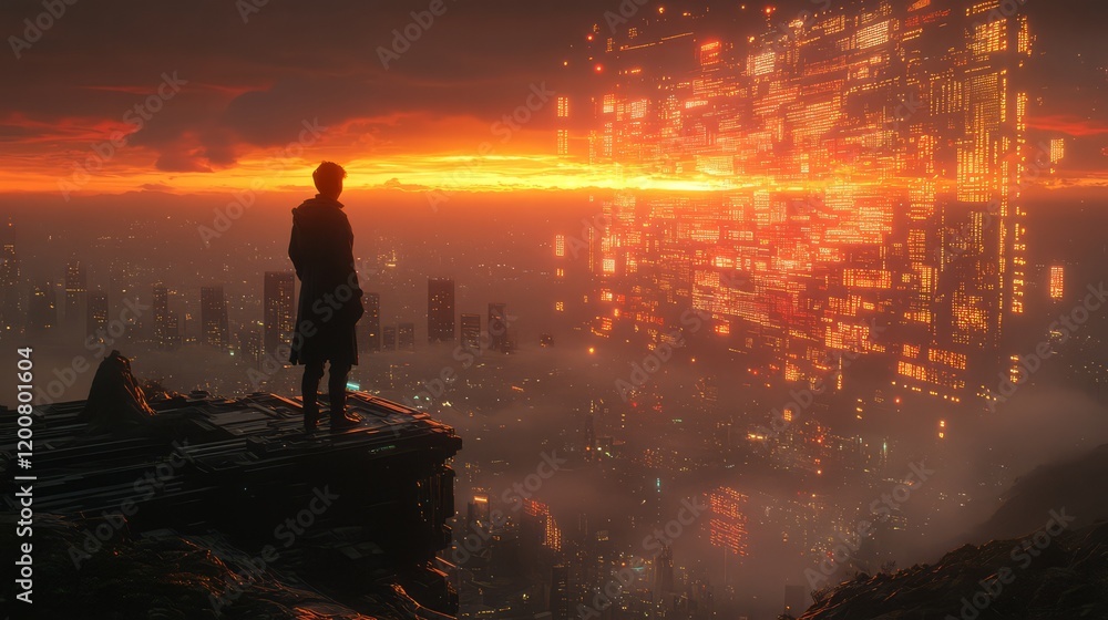 Fototapeta premium A futuristic scene showcasing a person overlooking a digital landscape at sunset.