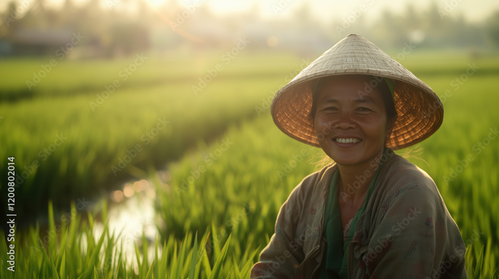 Obraz premium Cultivating rice rural vietnam portrait lush fields warm light