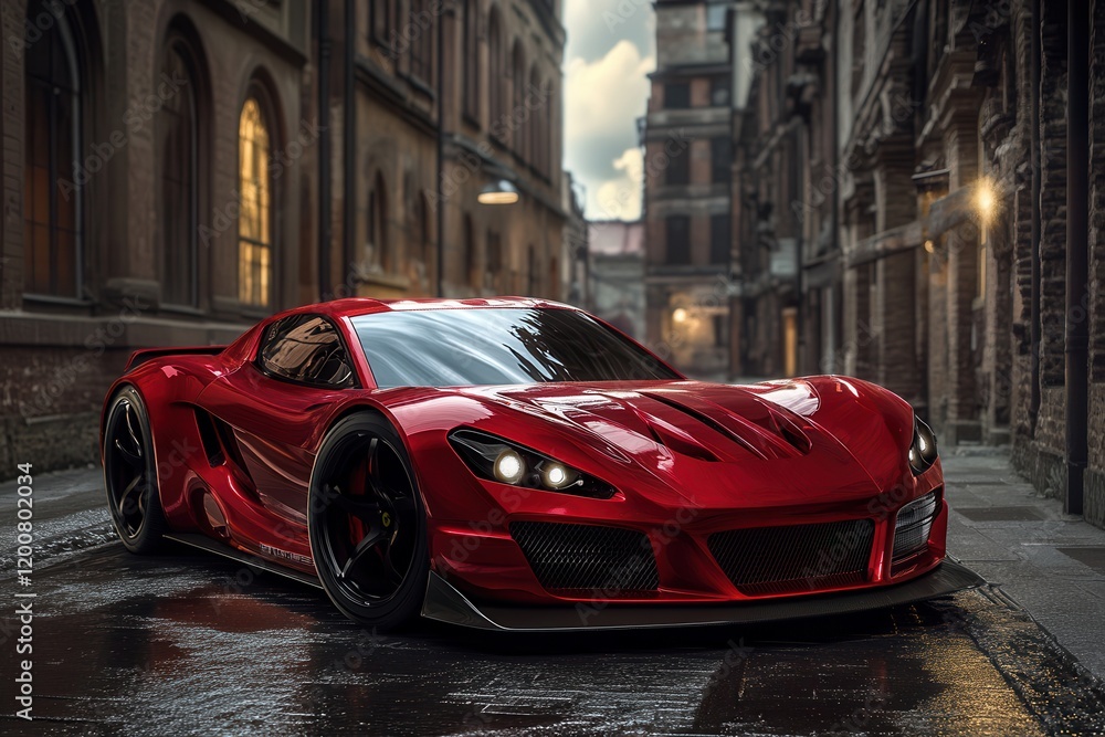 Red sports car parked, city alley, night, rain, advertisement Red sports car parked, city alley, night, rain, advertisement