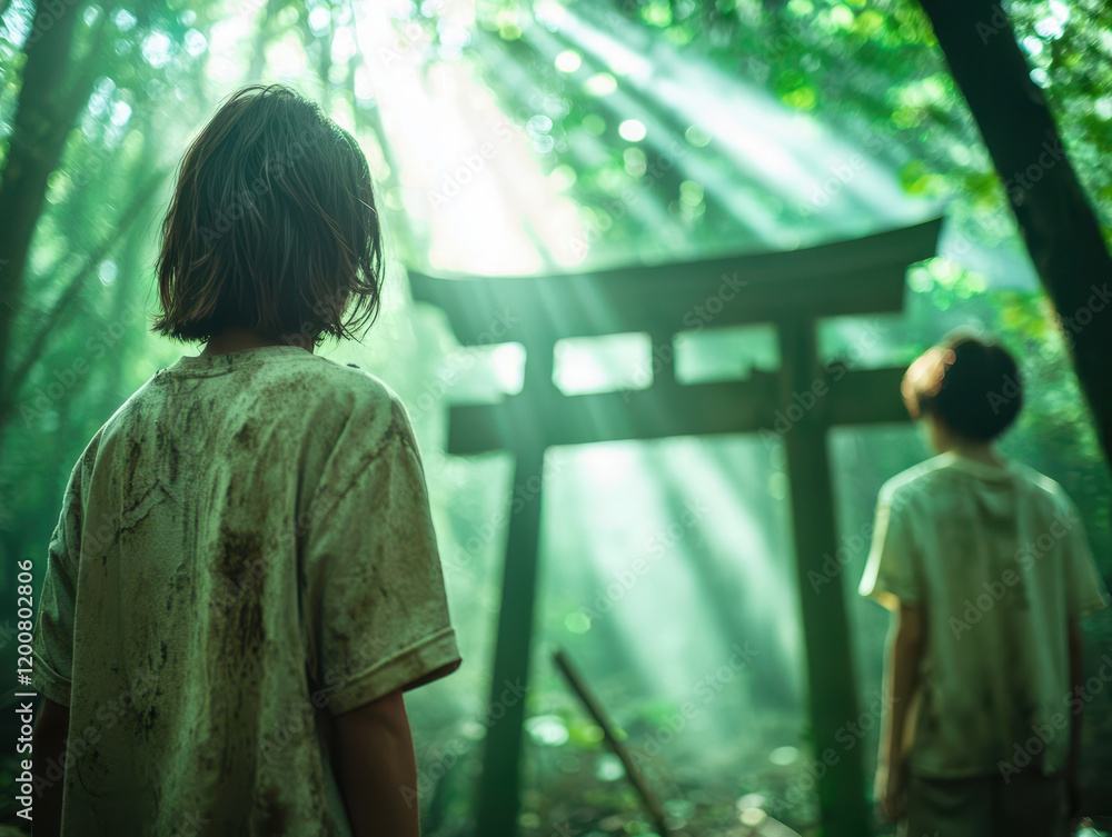 Exploring abandoned shrine, two teenagers in mystical forest Exploring abandoned shrine, two teenagers in mystical forest