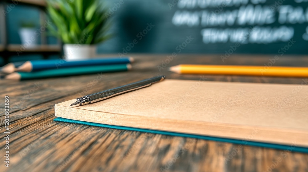 Fototapeta premium Empty Notebook Pencils Wooden Desk Classroom Setting