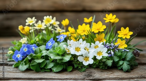 Spring Blooms on Rustic Wood: A vibrant bouquet of spring wildflowers, a mix of delicate yellow, white, and blue blossoms, nestles on a weathered wooden surface.