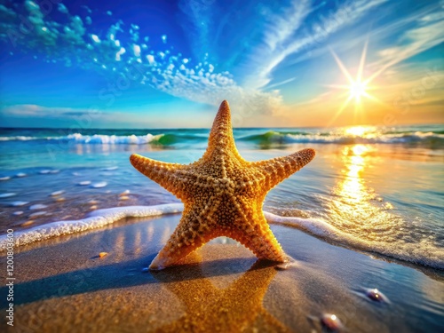 Bokeh-blurred ocean, shallow depth reveals a giant starfish; beach scene. photo