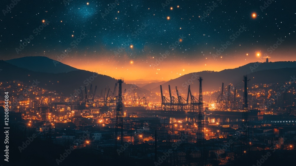 An illuminated harbor at night with towering cranes silhouetted against a clear, starry sky, highlighting the busy shipping activity. An illuminated harbor at night with towering cranes silhouetted against a clear, starry sky, highlighting the busy shipping activity.