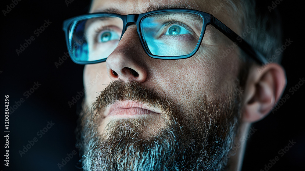 Focused man with glasses, deep in thought, illuminated by screen light Focused man with glasses, deep in thought, illuminated by screen light