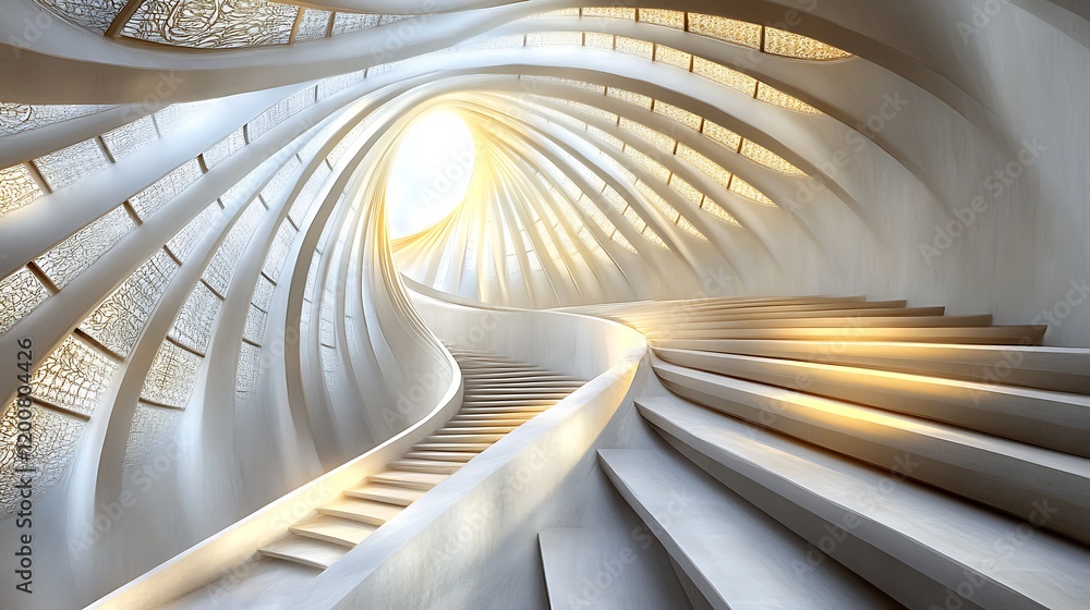 Fototapeta premium Spiraling White Staircase Ascending Towards Light
