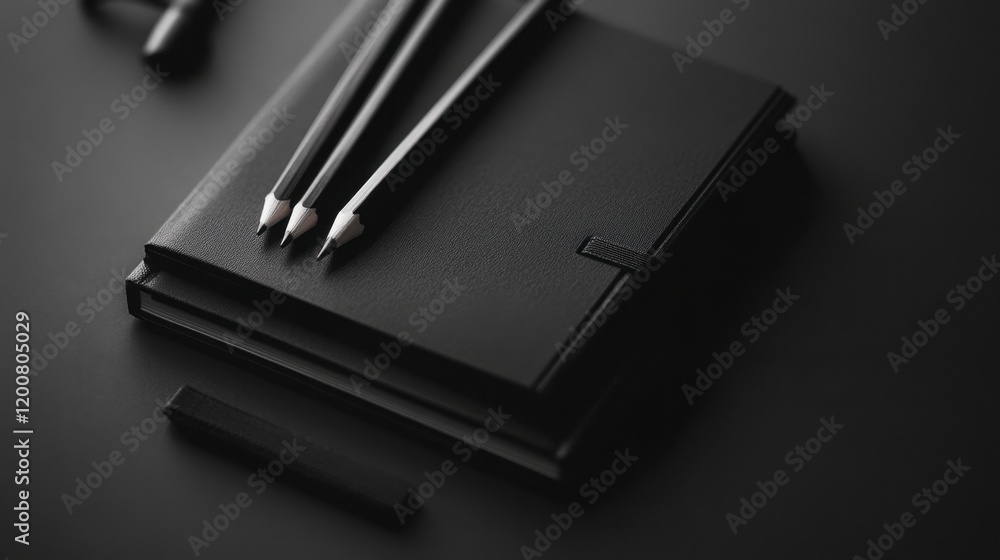 A bold flat lay of black notebooks with contrasting white pencils, creating a modern monochrome effect. A bold flat lay of black notebooks with contrasting white pencils, creating a modern monochrome effect.