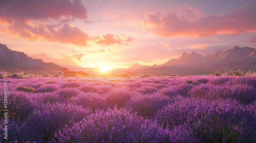 Sunset Lavender Field and Mountains Sunset Lavender Field and Mountains