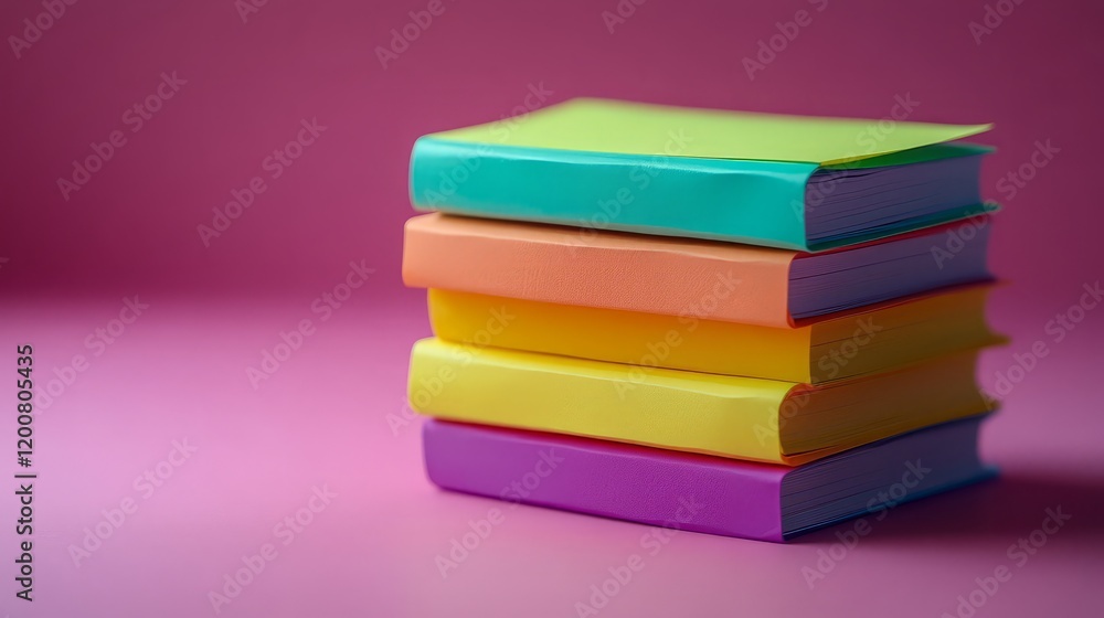 Colorful stacked books against a pink background, ideal for learning or creativity themes. Colorful stacked books against a pink background, ideal for learning or creativity themes.