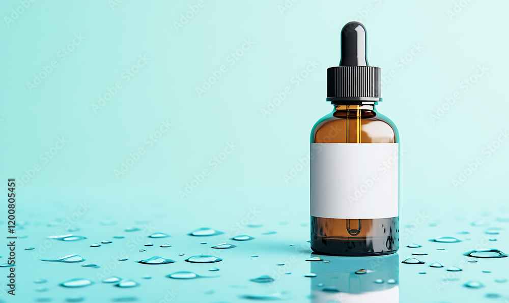 Amber dropper bottle on a water-reflection surface with a soft aqua blue background, perfect for product mockup design and presentation, suitable for wellness and skincare products. Amber dropper bottle on a water-reflection surface with a soft aqua blue background, perfect for product mockup design and presentation, suitable for wellness and skincare products.