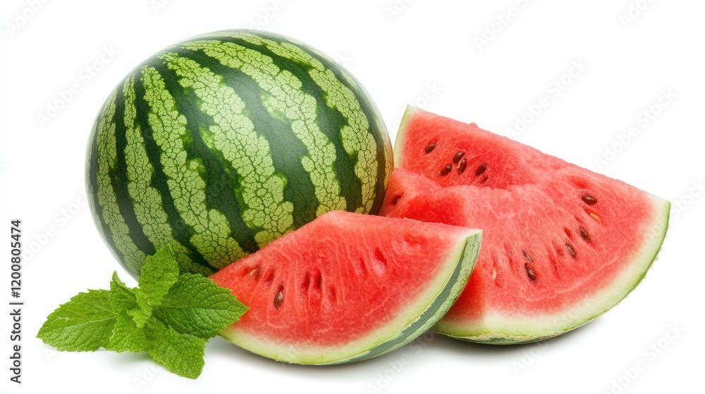Juicy watermelon slices, whole fruit, mint, white background, summer refreshment Juicy watermelon slices, whole fruit, mint, white background, summer refreshment