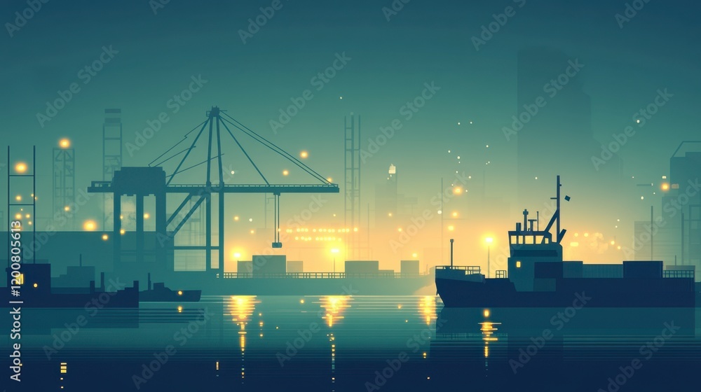 Fototapeta premium A bustling nighttime harbor with cargo ships docked and cranes lifting containers under bright industrial lights.