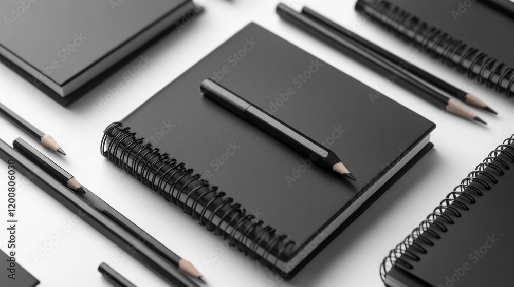 A chic and minimalistic flat lay with monochrome notebooks and sleek pencils, ideal for a modern and professional look. A chic and minimalistic flat lay with monochrome notebooks and sleek pencils, ideal for a modern and professional look.