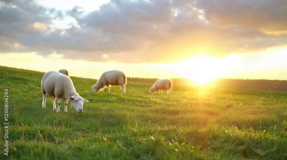 Fototapeta premium Sheep grazing in a lush field during a vibrant sunset.