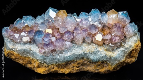 A close-up view of a druzy quartz, with its surface covered in tiny, glittering crystals in vibrant hues. photo