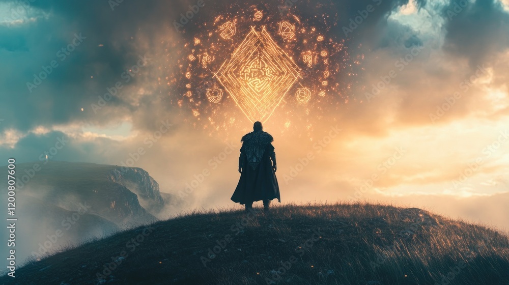 Fototapeta premium Warrior gazing at mystical sunset portal, mountaintop