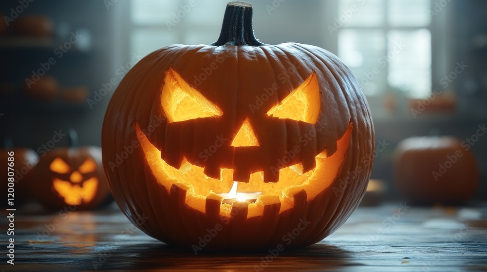 Fototapeta premium Glowing Jack-o'-Lantern Illuminates Cozy Kitchen for Halloween Festivities