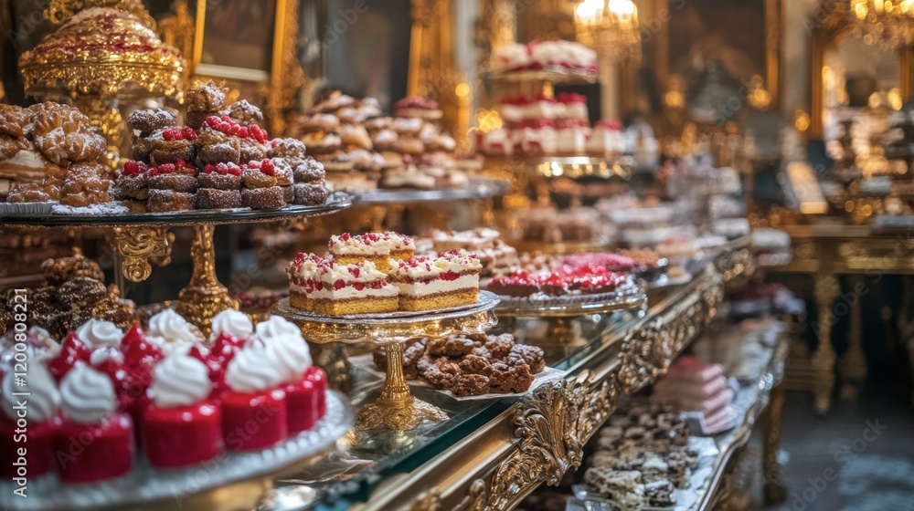 A decadent assortment of cakes and cookies, artistically displayed on a glass table in a lavish room with ornate decor. A decadent assortment of cakes and cookies, artistically displayed on a glass table in a lavish room with ornate decor.